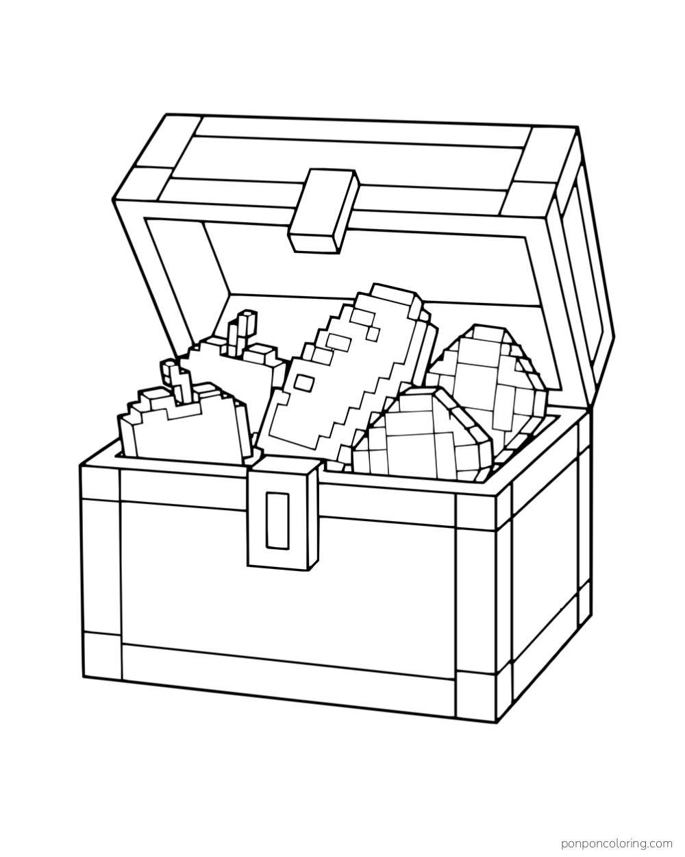 An open treasure chest holds apples, bread, and gems.