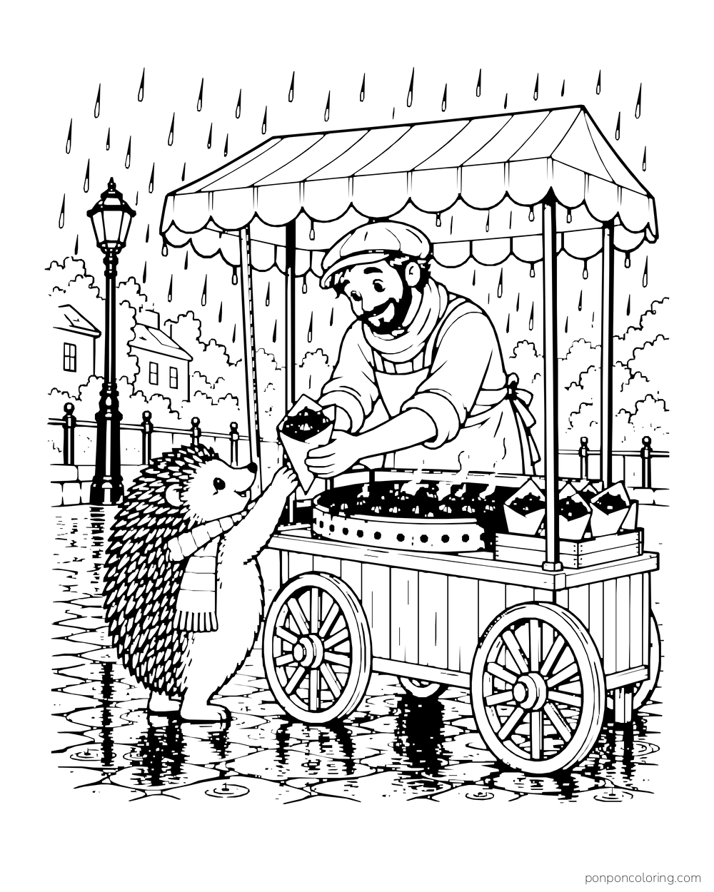 A vendor offers a paper cone of chestnuts to a hedgehog at a cart in the rain.