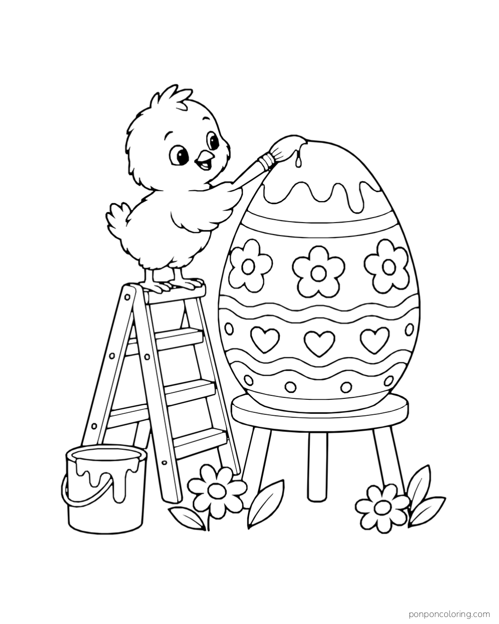 A chick on a stepladder paints the top of a giant patterned egg beside a paint bucket and flowers.