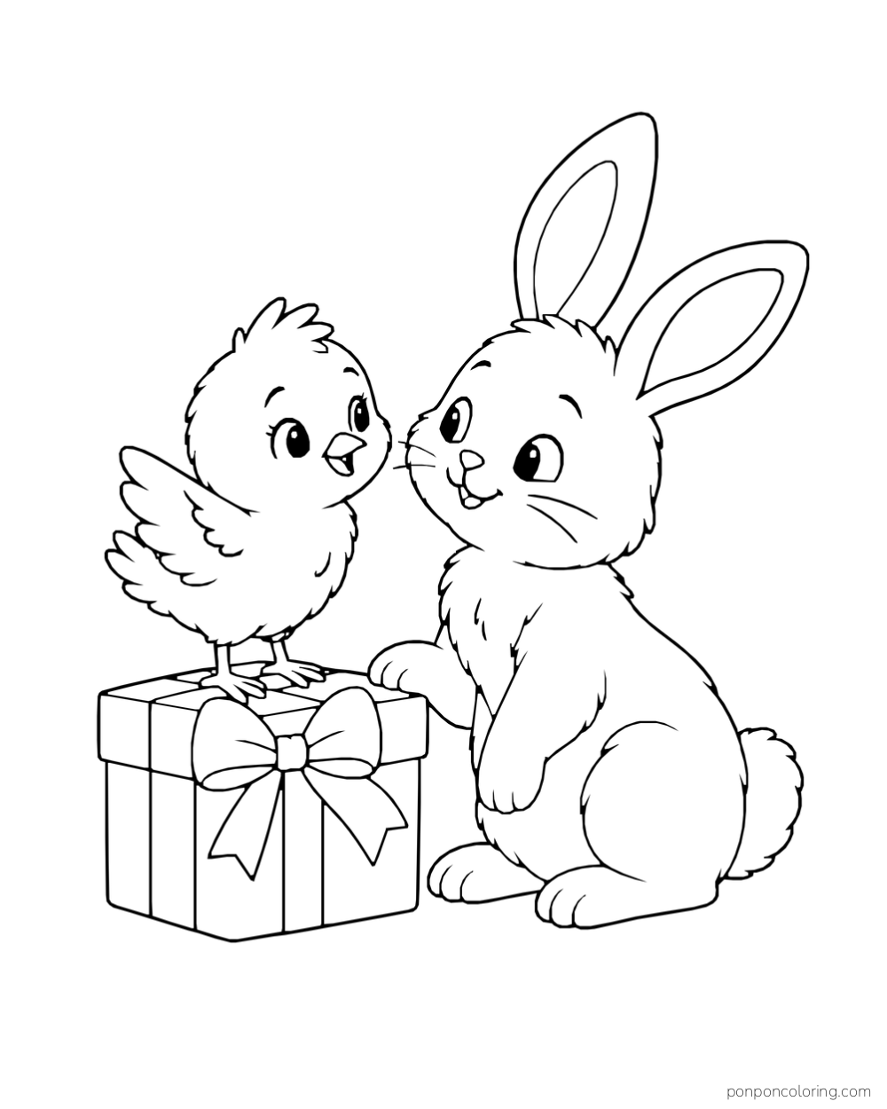 A chick stands on a ribboned gift box and raises a wing toward a seated rabbit.