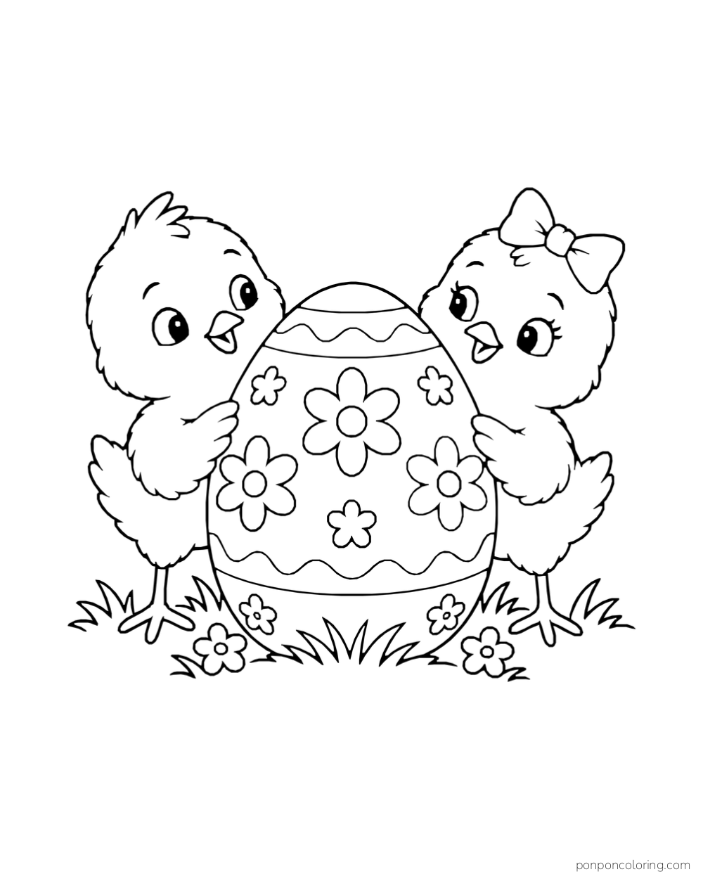 Two chicks hold a large egg decorated with flowers and wavy stripes.
