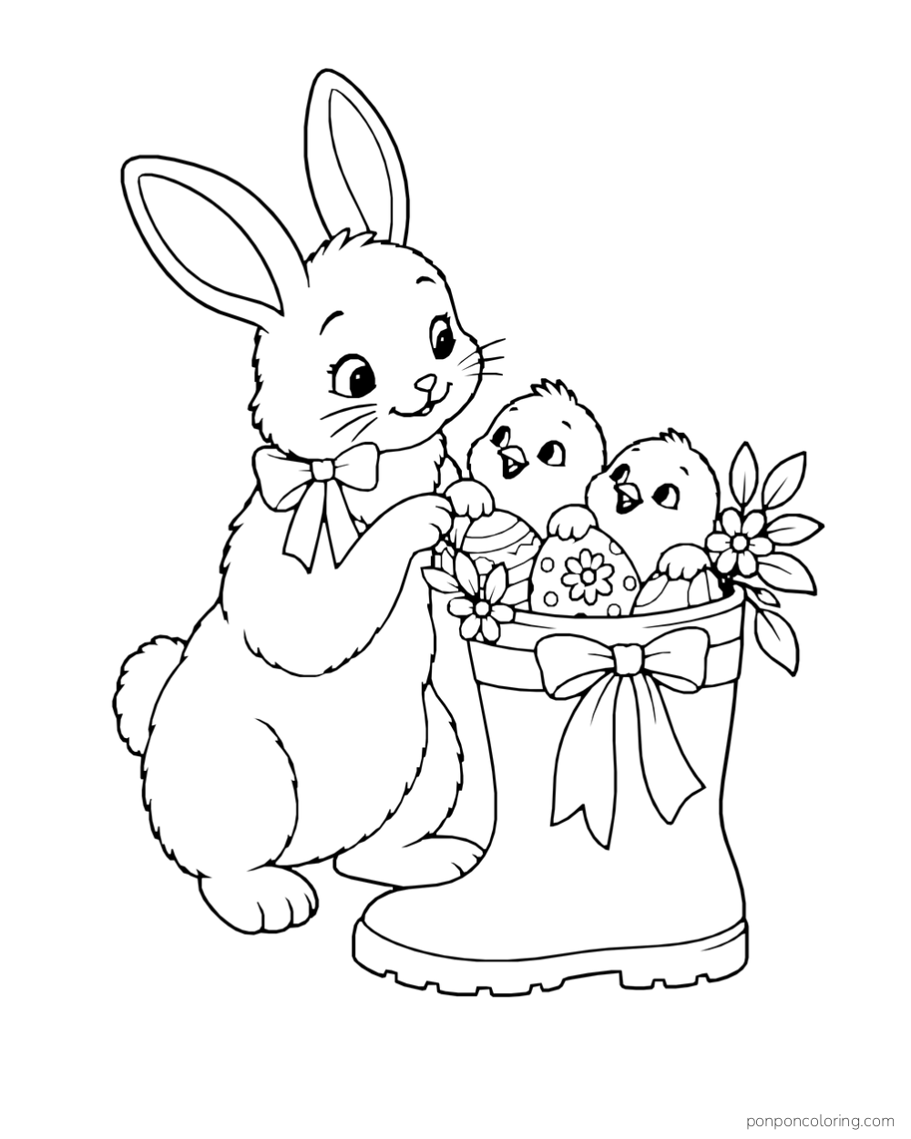 Two chicks peek from decorated eggs in a ribboned rain boot while a rabbit stands beside them.