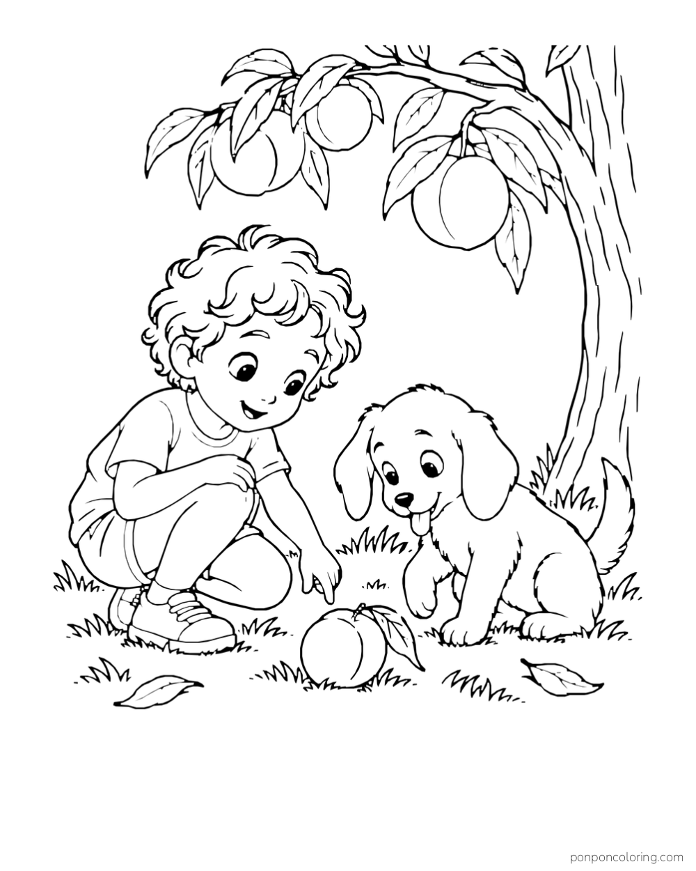 Child and floppy-eared puppy looking at a fallen peach beneath a leafy branch.