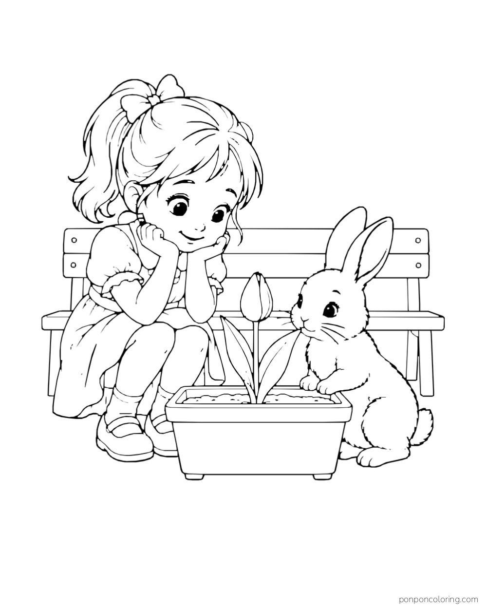 A child and rabbit studying a tulip in a low planter beside a bench.