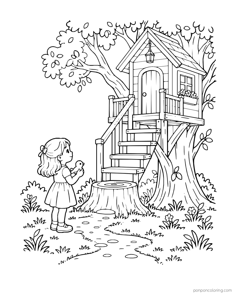A child holds a toy bird near a broad stump at the foot of treehouse stairs.