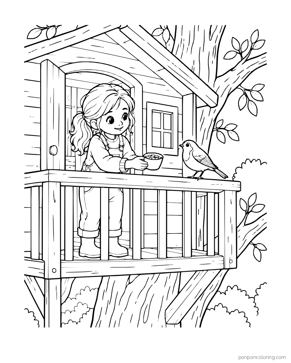 A child holds a cup of seeds toward a bird perched on a treehouse balcony rail.