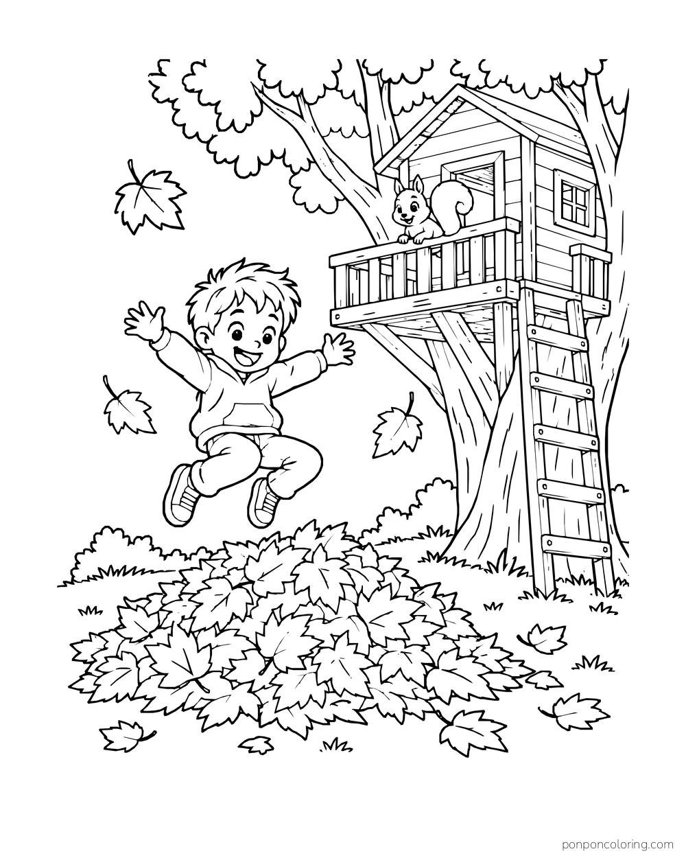A child jumps toward a pile of autumn leaves below a treehouse while a squirrel watches from the balcony.