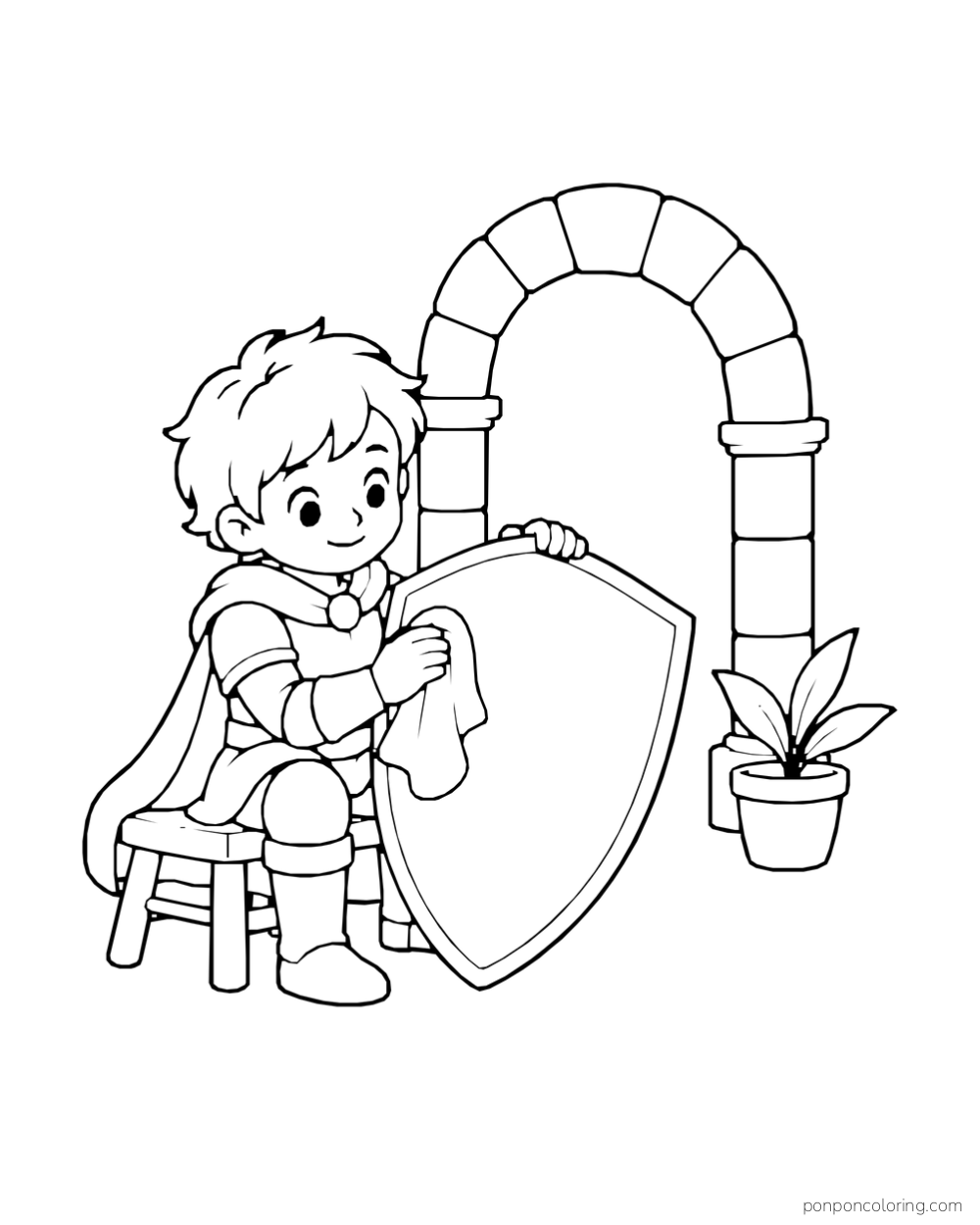 A child in a cape polishing a large shield while sitting beside a stone arch and a potted plant.