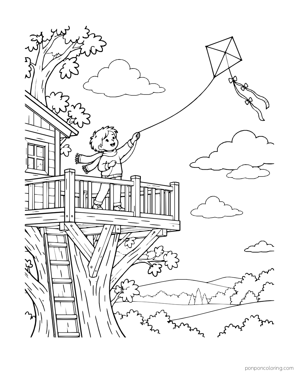 A child launches a kite from a treehouse deck, holding its string against an open sky.