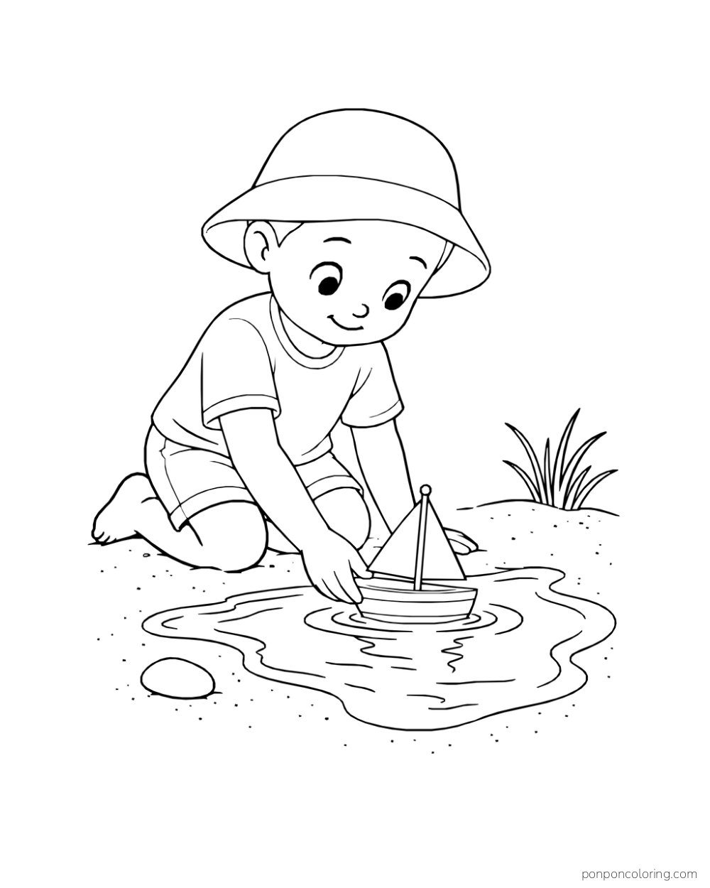 A child in a sunhat sets a little sailboat in a shallow beach puddle.