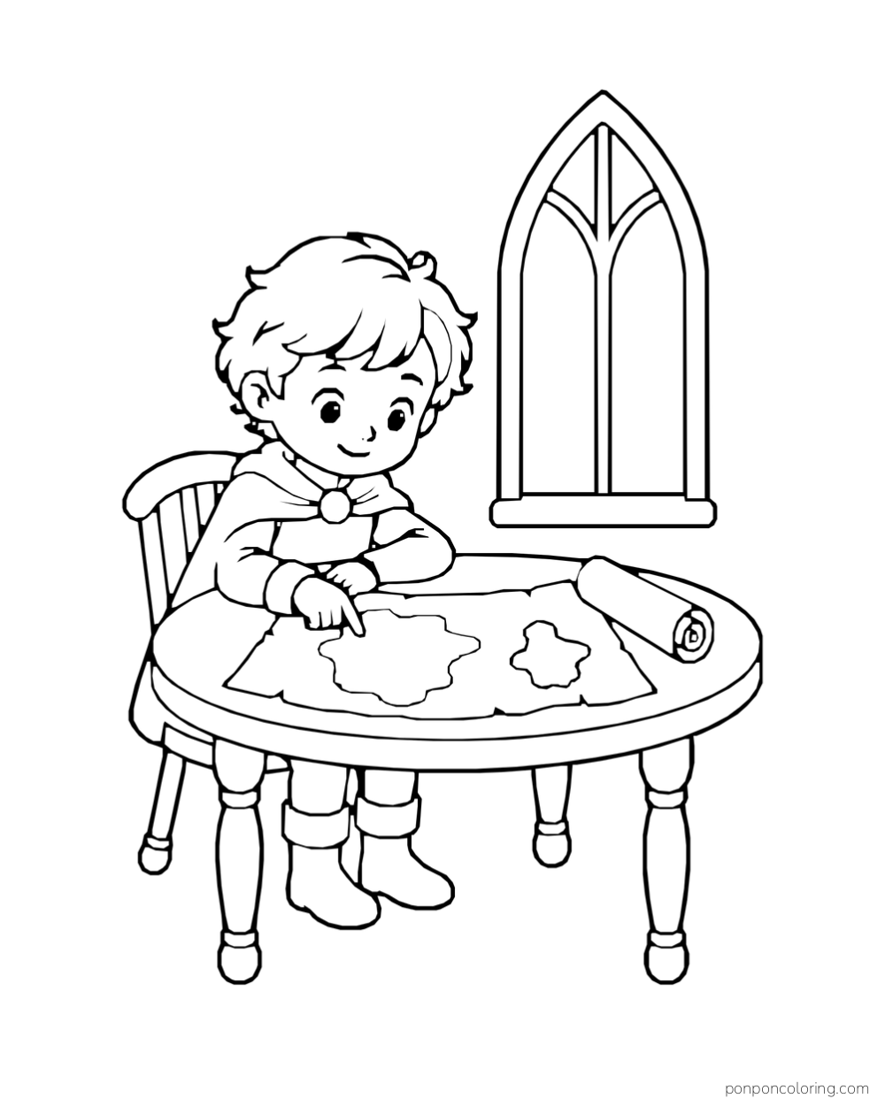 A child pointing at a map spread across a round table, with a rolled map and pointed window nearby.