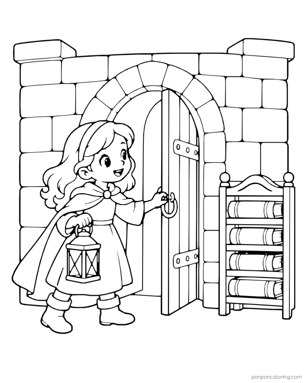 A child holding a lantern and opening an arched castle door beside a small bookshelf.