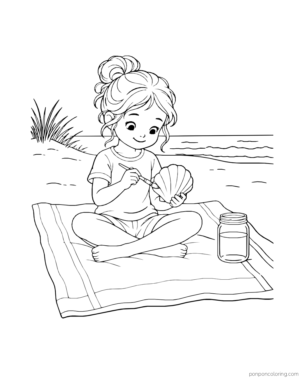 A seated child paints a fan shell on a towel beside a water jar.