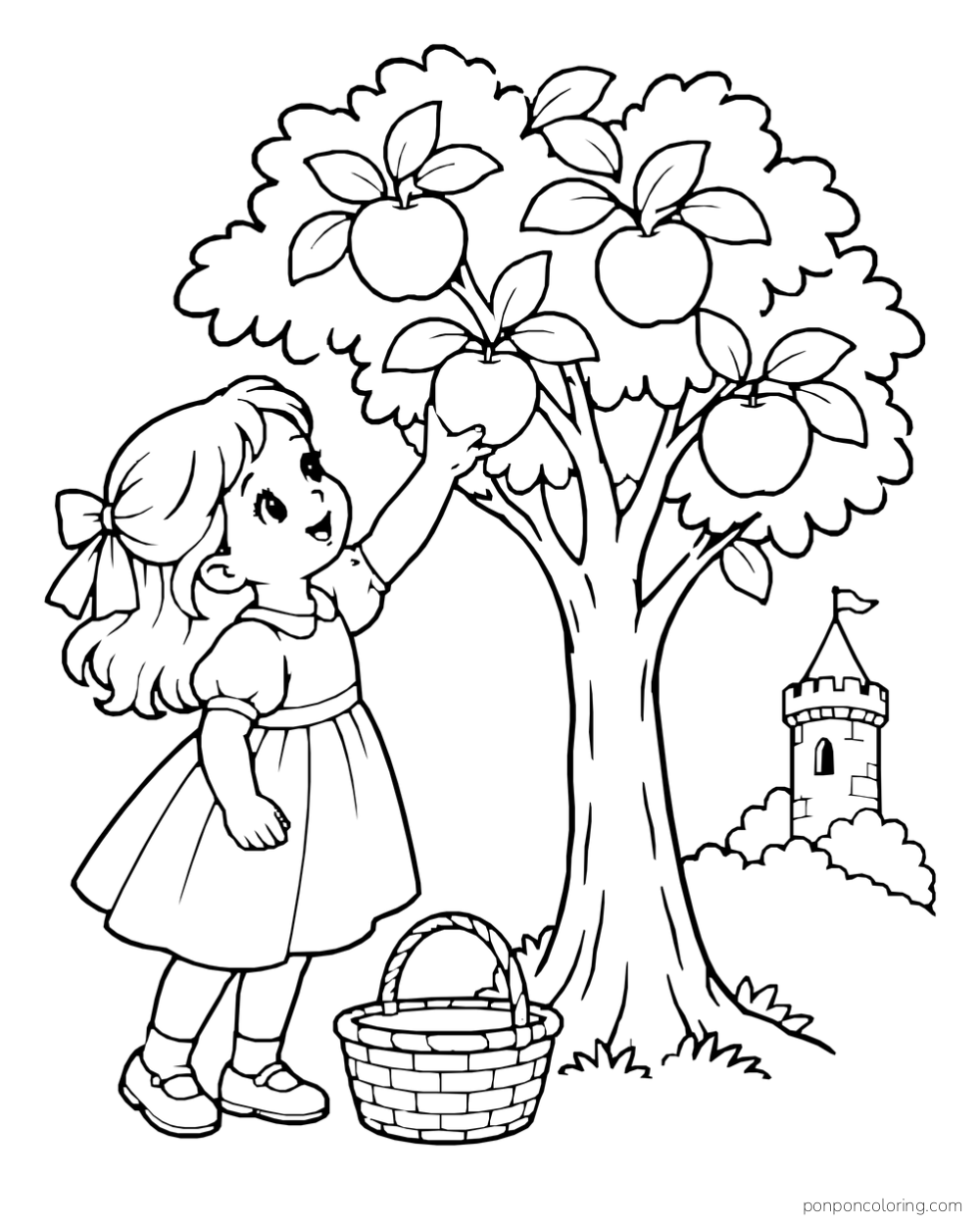 A child reaching for an apple on a tree beside a basket, with a small castle tower in the distance.