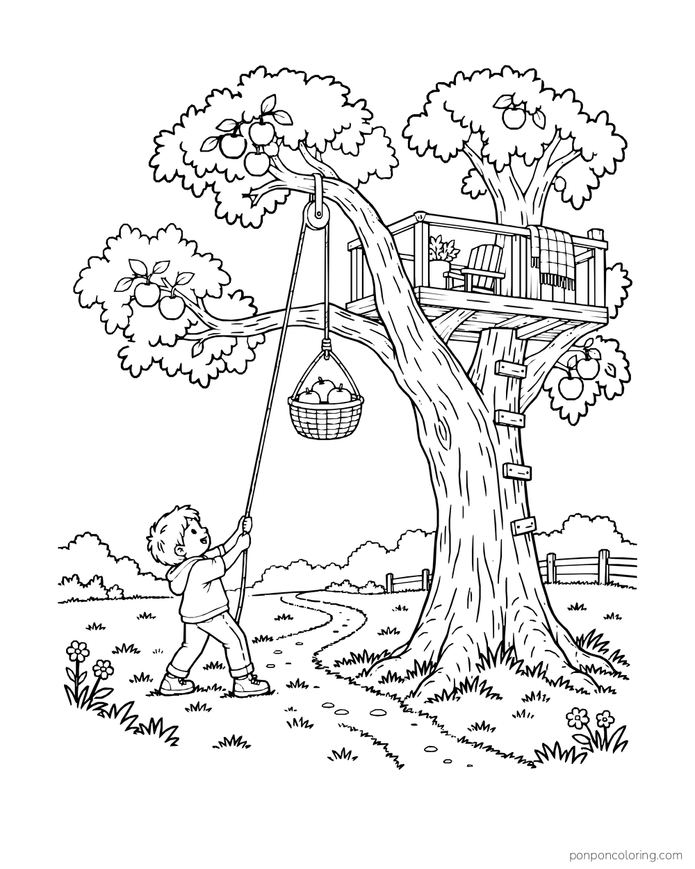 A child pulls a rope to lift a basket of apples toward an open deck in an apple tree.