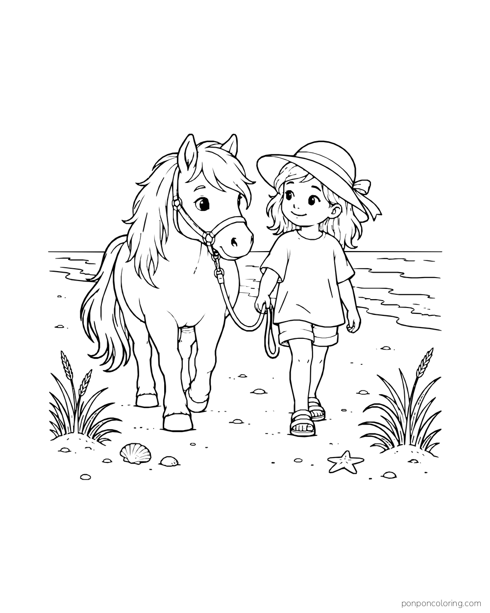A child in a sunhat leads a small pony beside the shore.