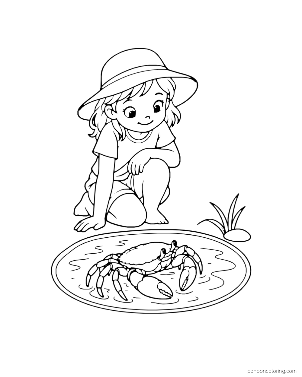 A child in a sun hat kneels beside a round tidepool and looks at a large crab in the water.