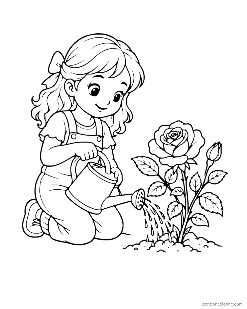 Child kneeling with a watering can beside a rose bush with one bloom and one bud.
