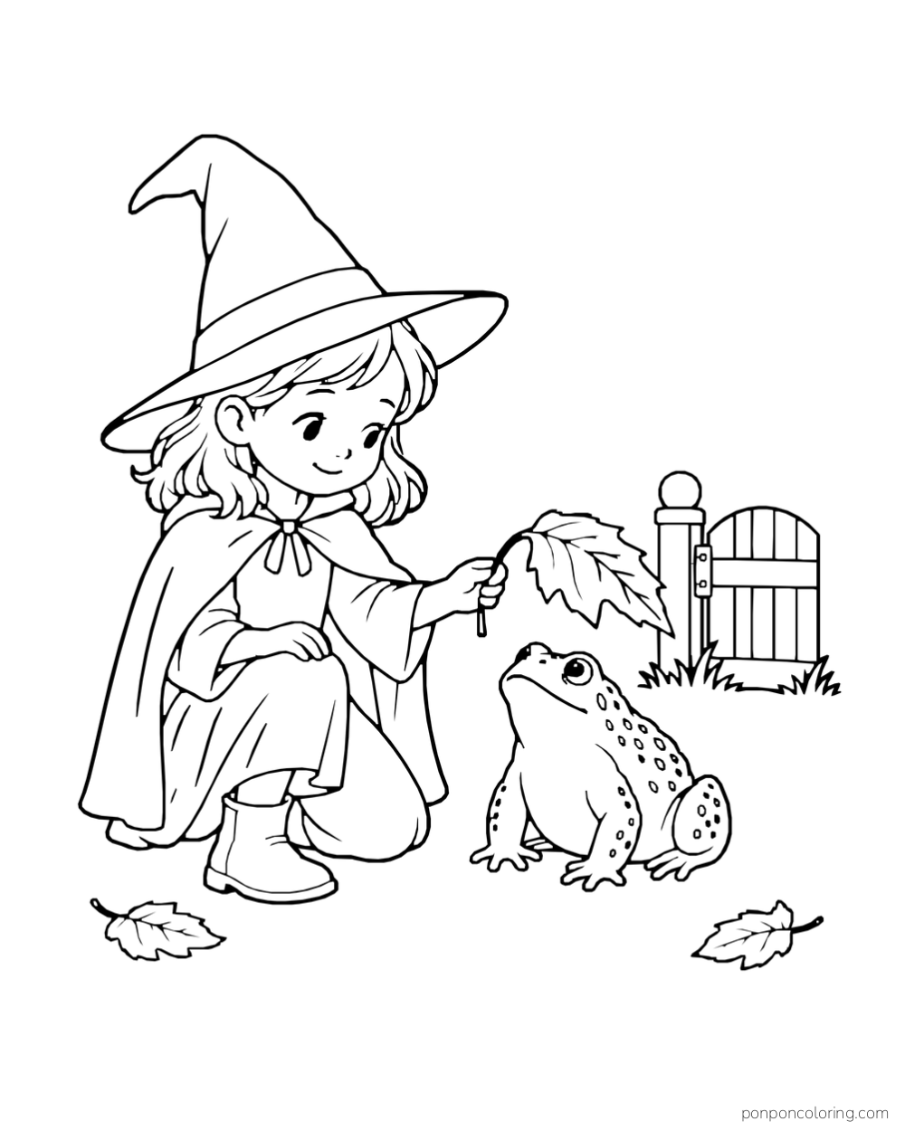 A kneeling child witch holds one autumn leaf like an umbrella above a broad toad by a small garden gate.