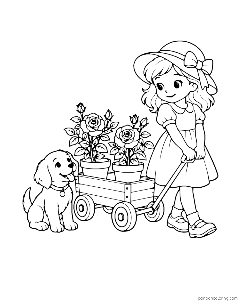 Child holding the handle of a little wagon of potted roses while a puppy sits beside it.