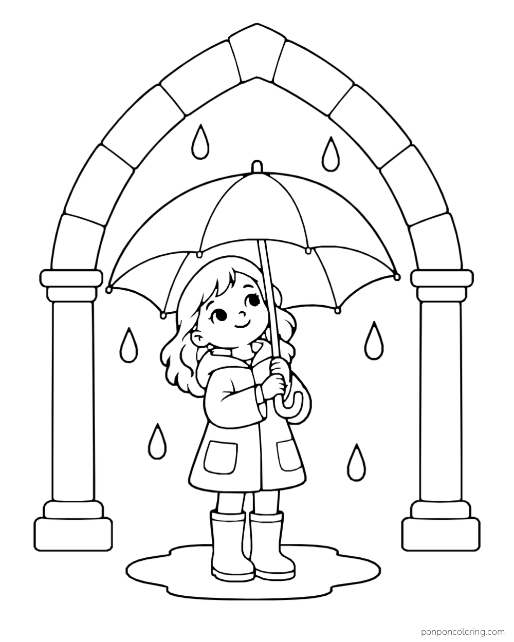 A child holding an umbrella beneath a stone arch, with raindrops around it and a puddle underfoot.