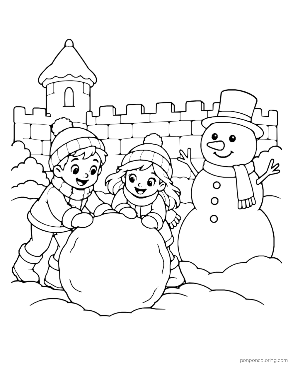 Two children rolling a large snowball beside a snowman in front of a castle wall and tower.