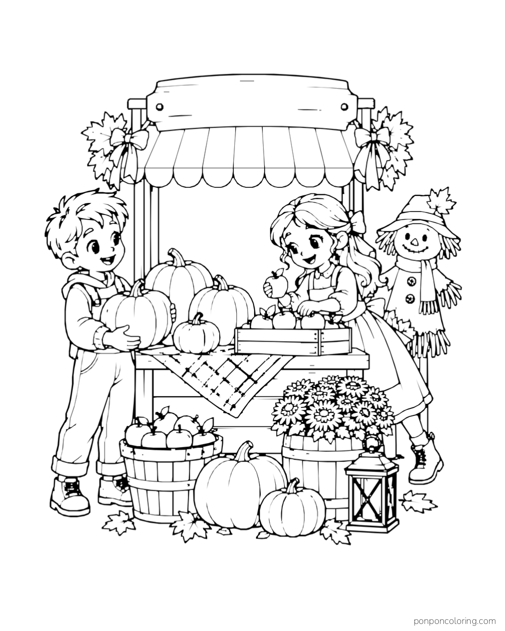 Two children arrange pumpkins and apples at a small market stand with a scarecrow.