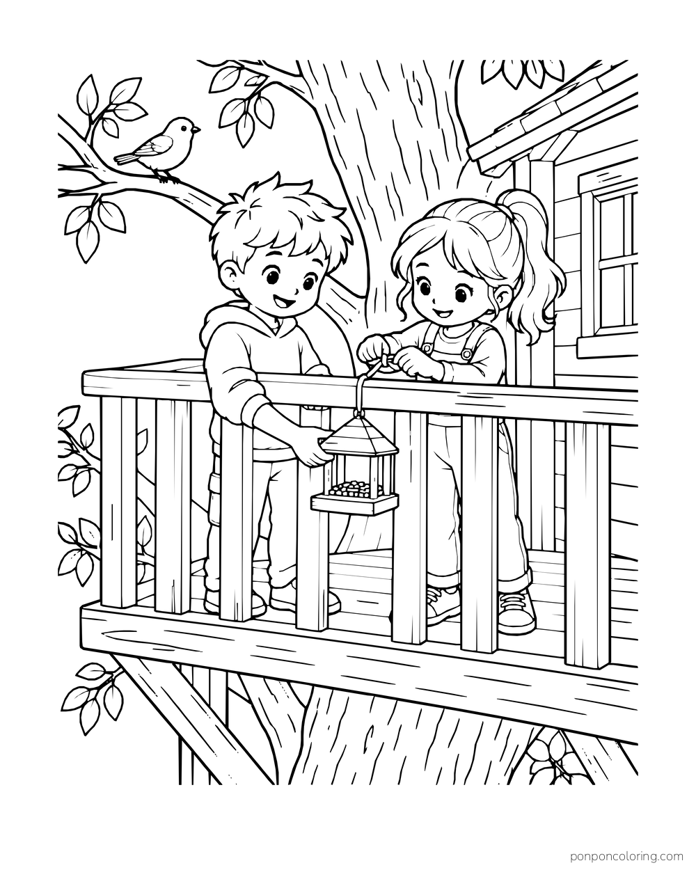 Two children attach a bird feeder to a treehouse balcony rail while a bird waits on a branch.