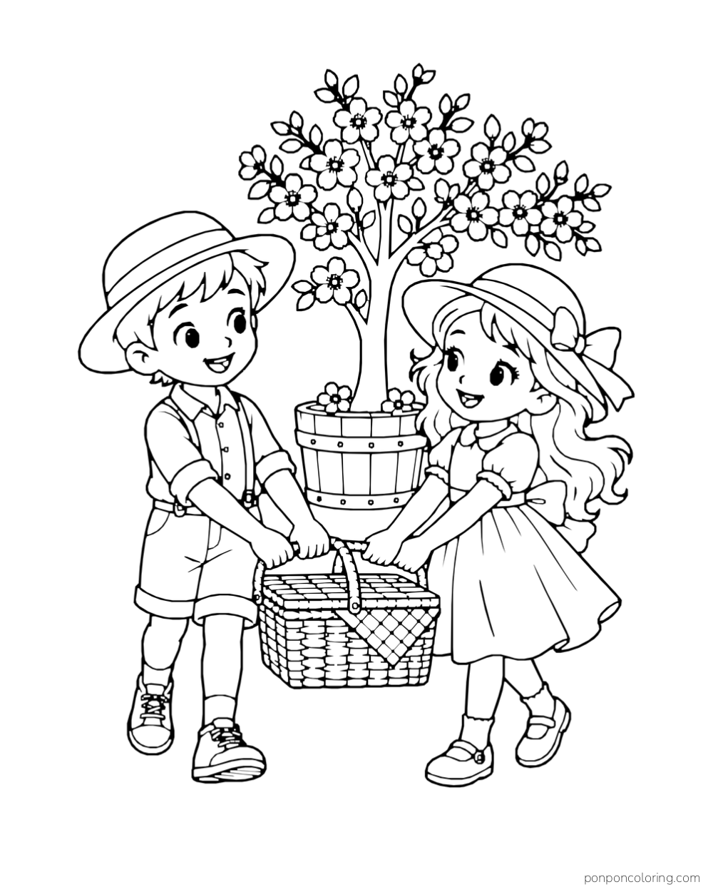 Two children in sun hats carry a picnic basket beside a flowering tree in a wooden tub.