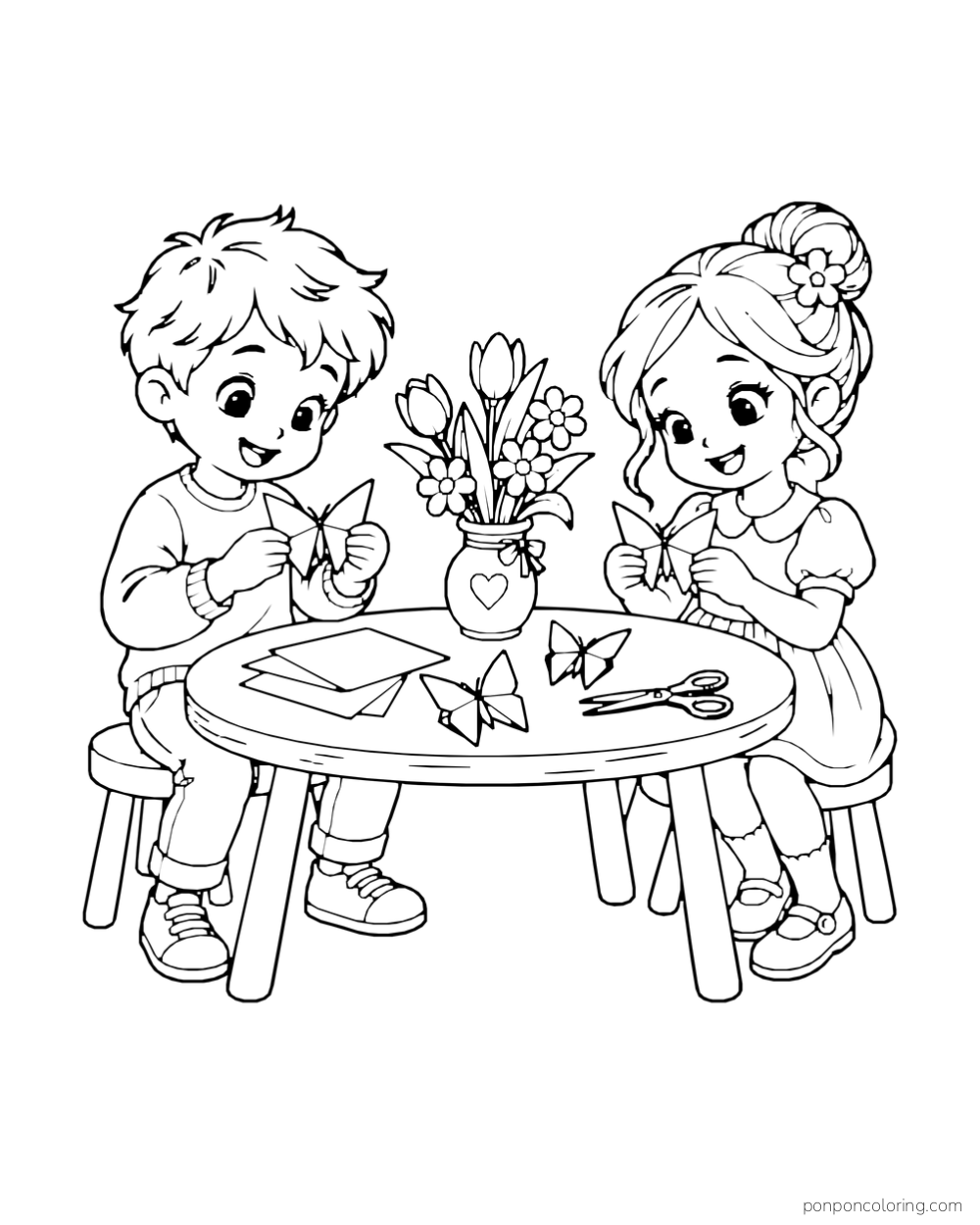 Two children fold paper butterflies at a round table with a vase of flowers.