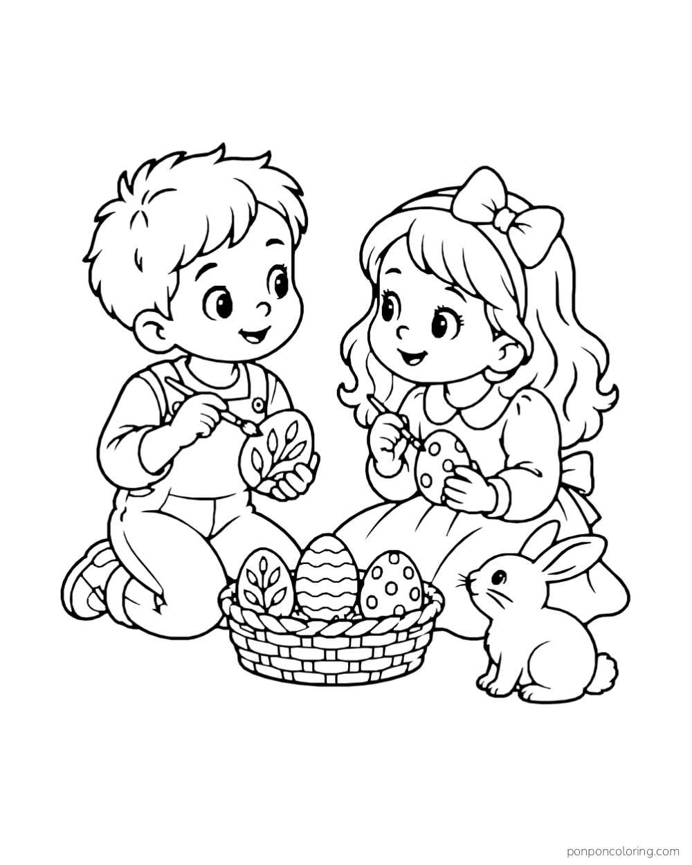 Two children paint leaf and polka-dot patterns on Easter eggs beside a basket and a rabbit.