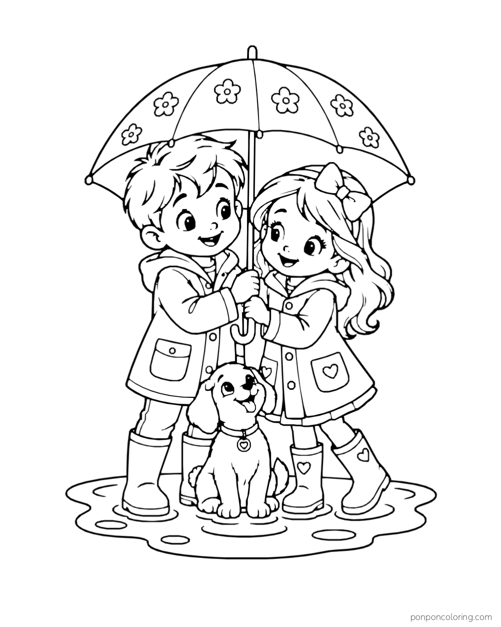 Two children in raincoats share a flower-patterned umbrella with a puppy in a puddle.