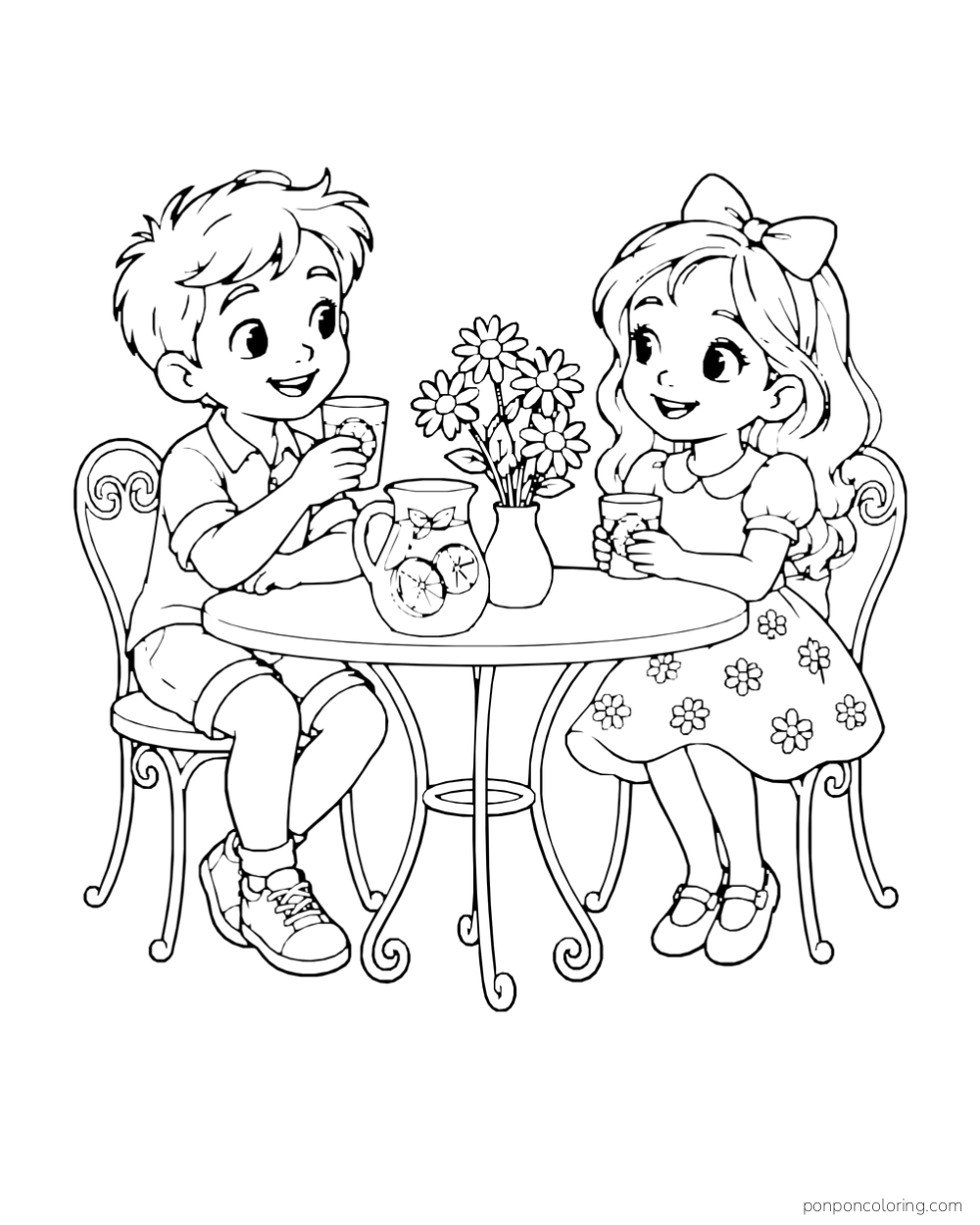 Two children sit at a garden table with lemonade and a vase of daisies.