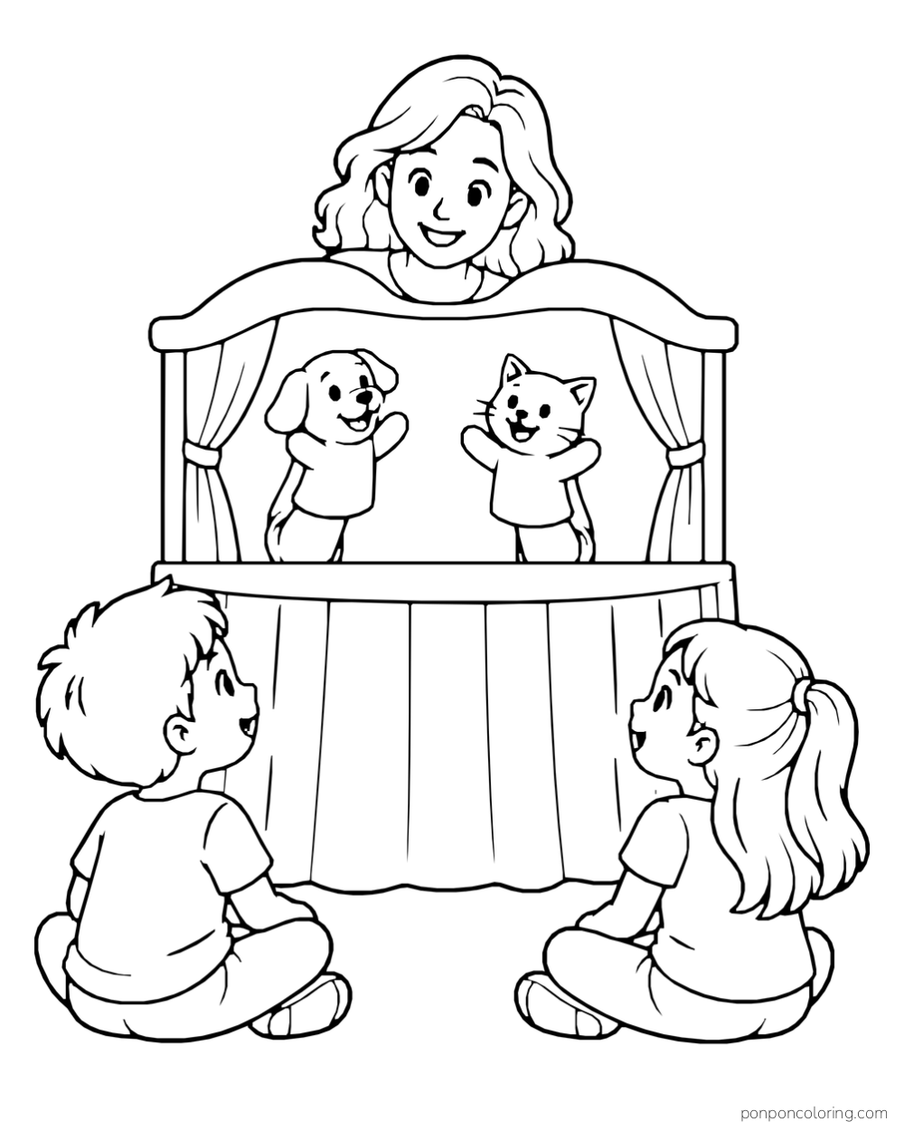 Two children watching a puppeteer show dog and cat hand puppets in a small theater.