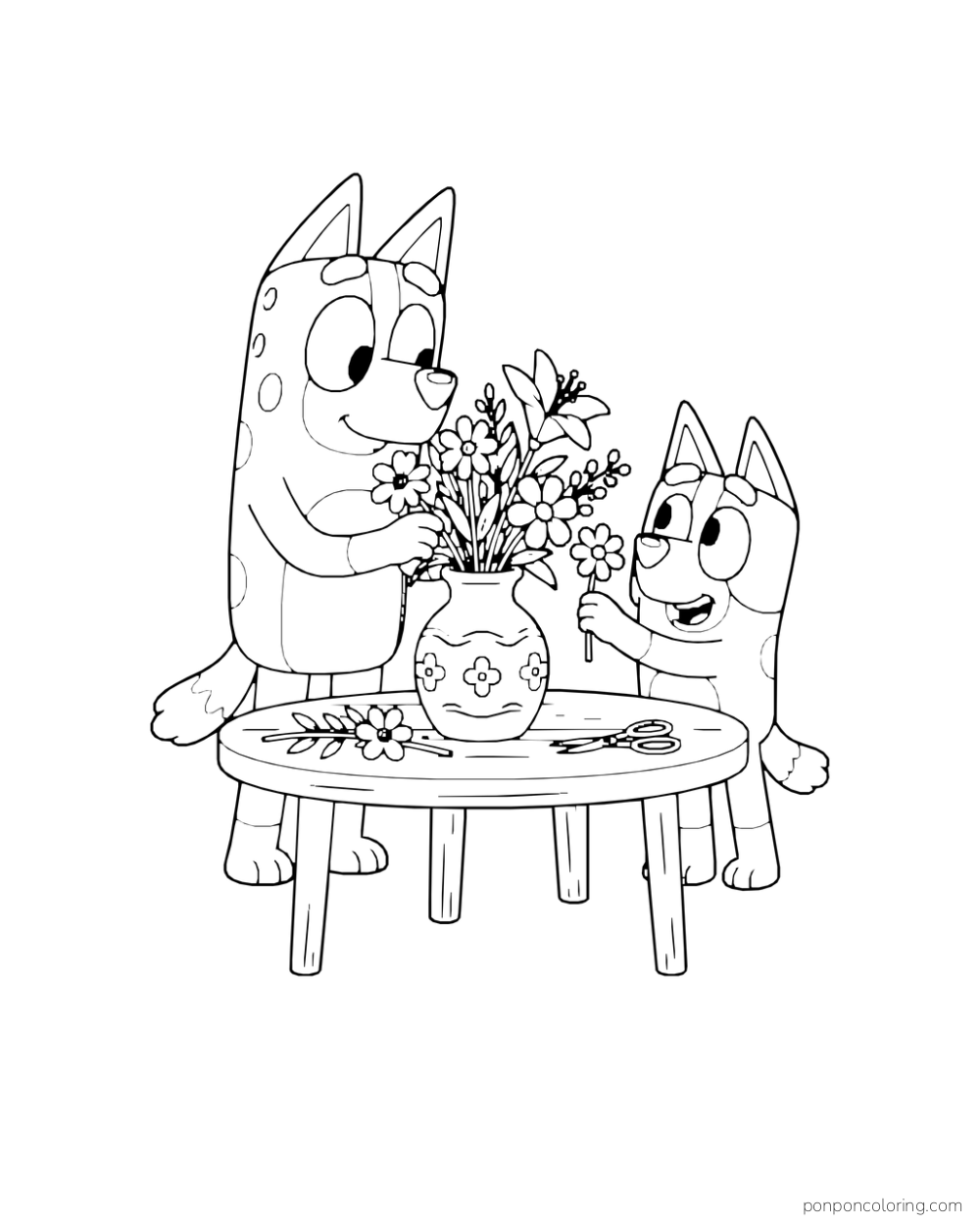 Chilli and Bingo arrange flowers in a patterned vase at a small table.