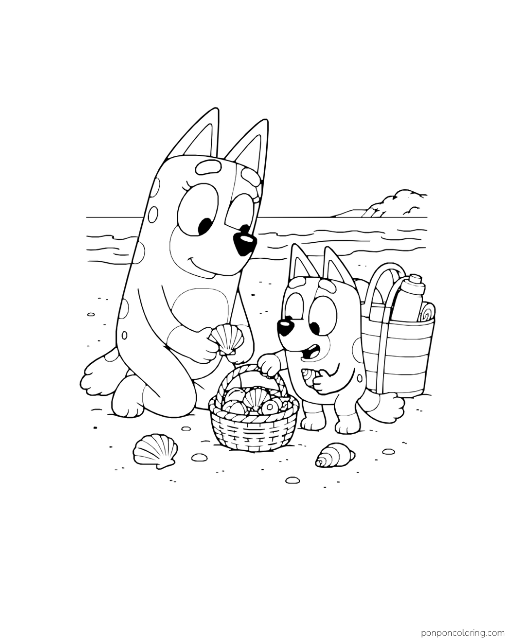 Chilli and Bingo gather shells in a basket beside a striped beach bag.