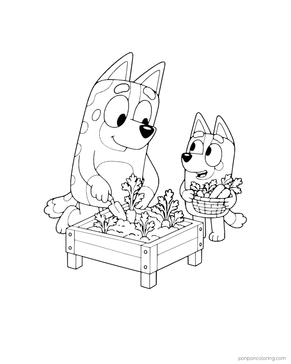 Chilli digs in a raised planter while Bingo holds a basket of carrots.