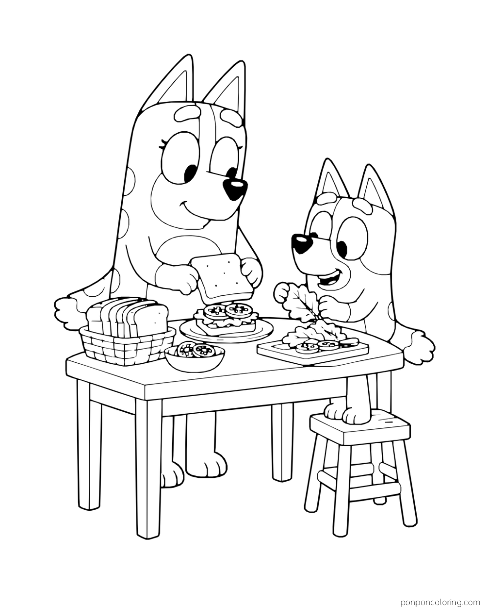 Chilli and Bingo make sandwiches at a table with a bread basket and vegetables.