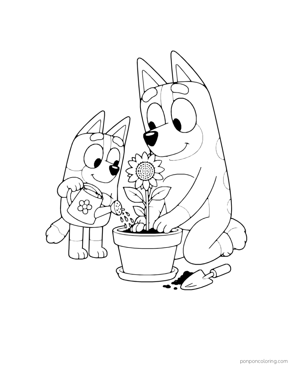 Chilli and Bingo plant a sunflower in a pot beside a small garden trowel and watering can.