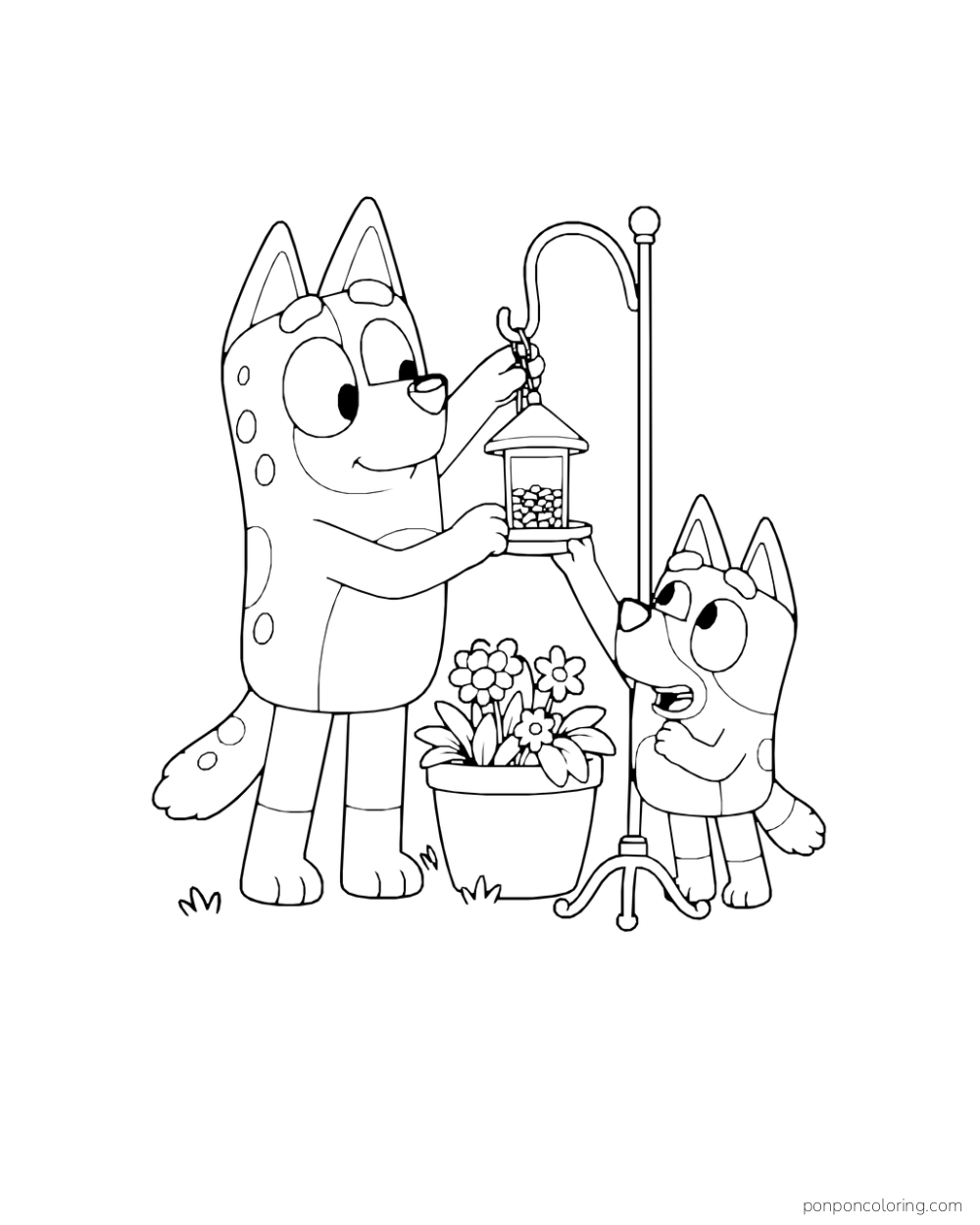 Chilli and Bluey hang a seed feeder on a freestanding hook beside a flowerpot.
