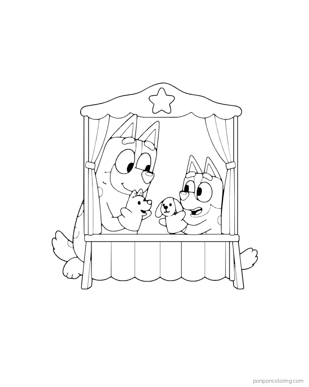 Chilli and Bluey hold animal puppets inside a freestanding puppet theater.