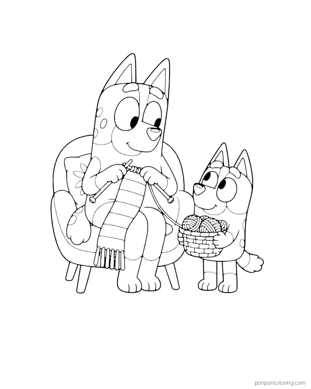 Chilli knits a striped scarf in a chair while Bingo holds a basket of yarn.