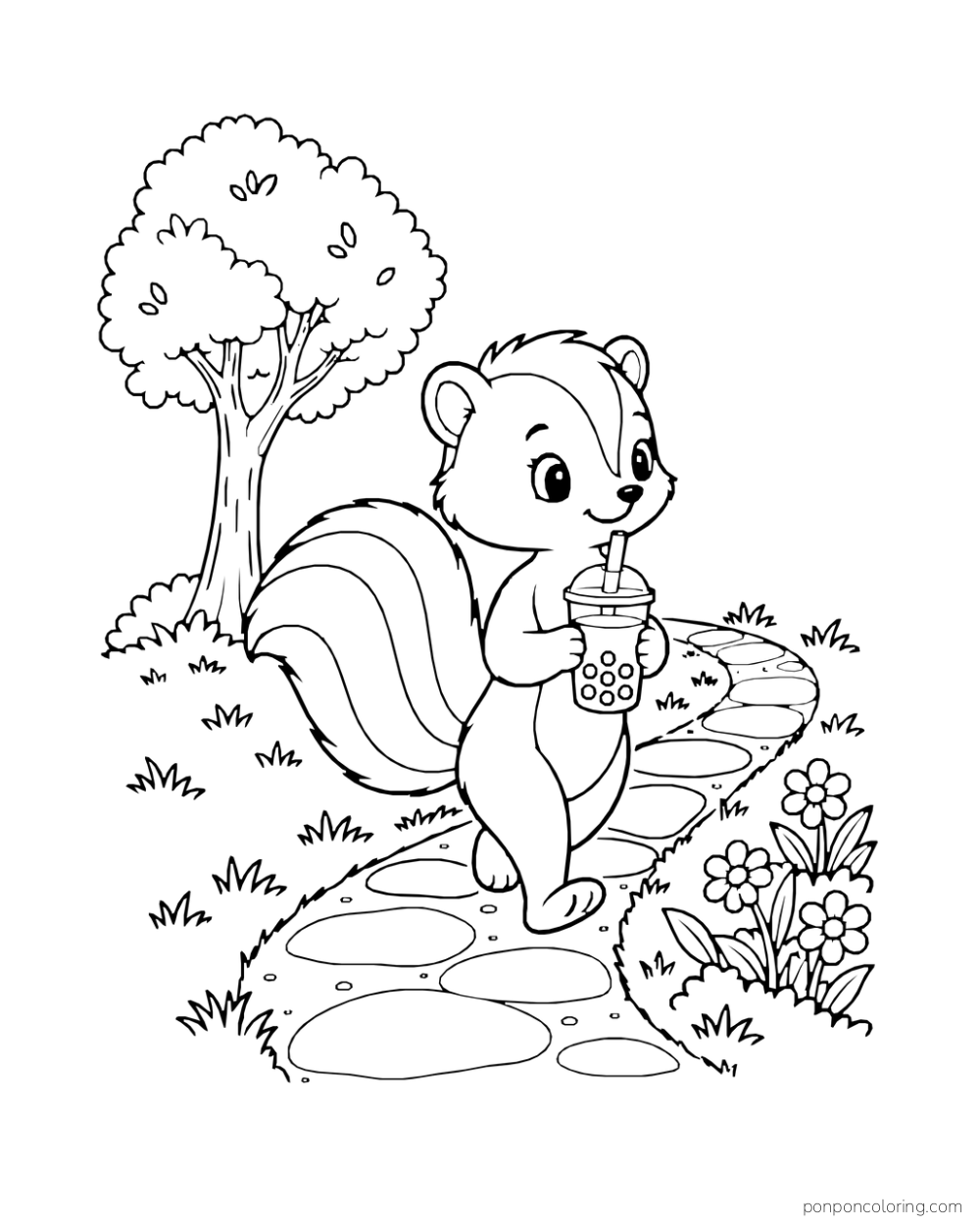 A chipmunk walks along a stone path carrying a boba cup under a tree.