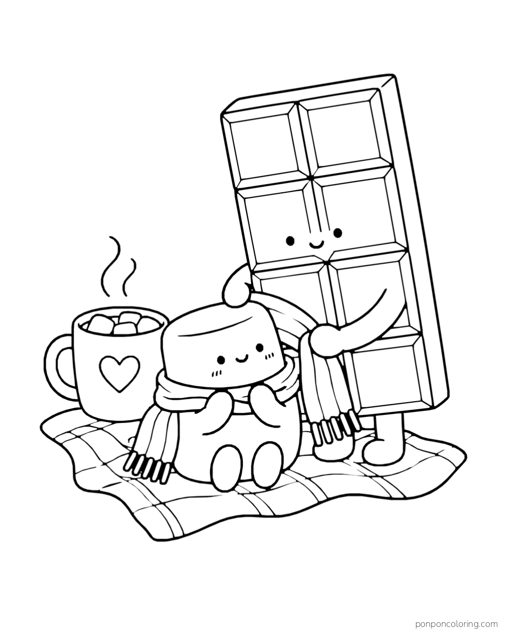 A chocolate bar wraps a scarf around a marshmallow beside a mug on a checked blanket.