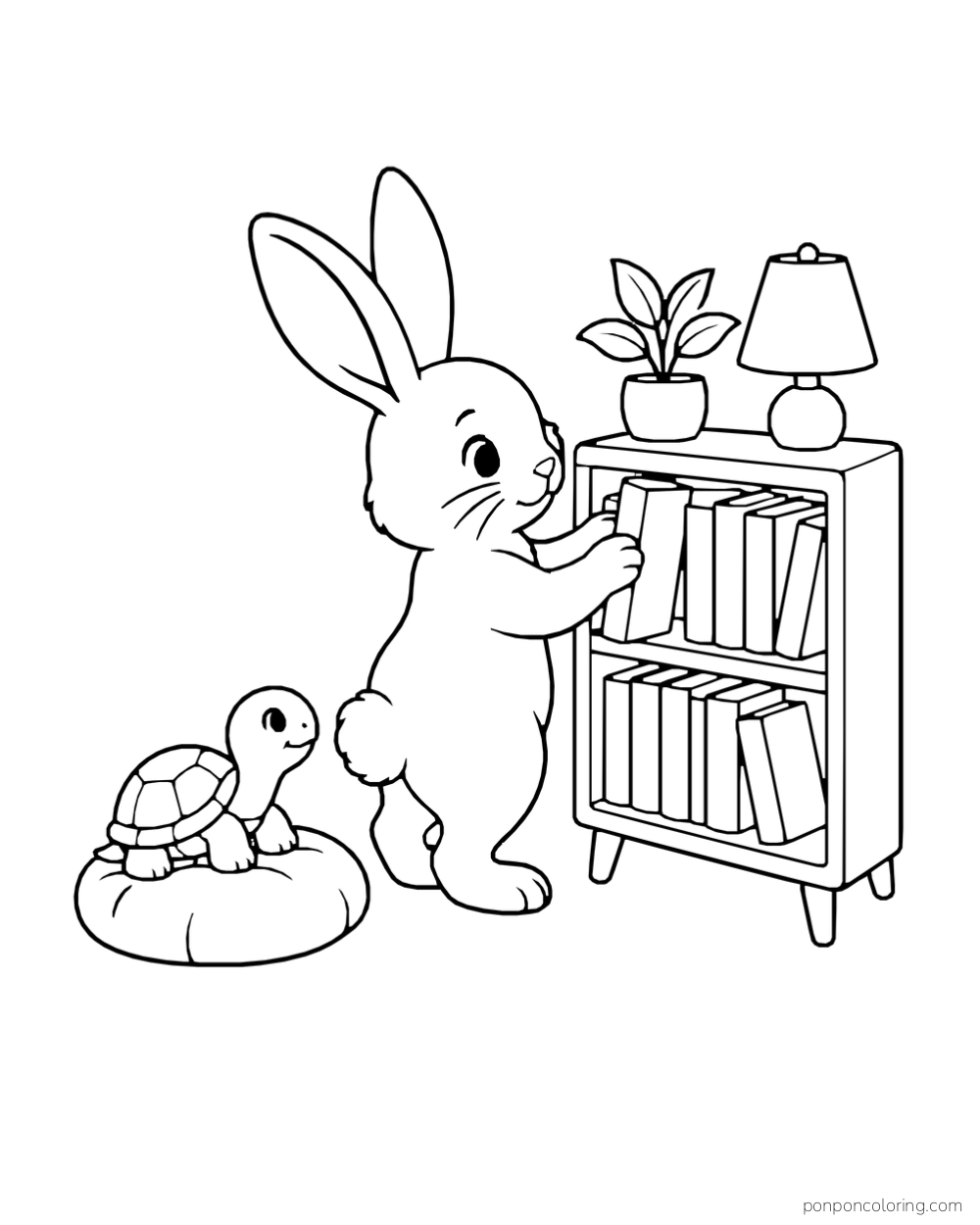 A rabbit reaches for a book on a low shelf while a turtle watches from a cushion.