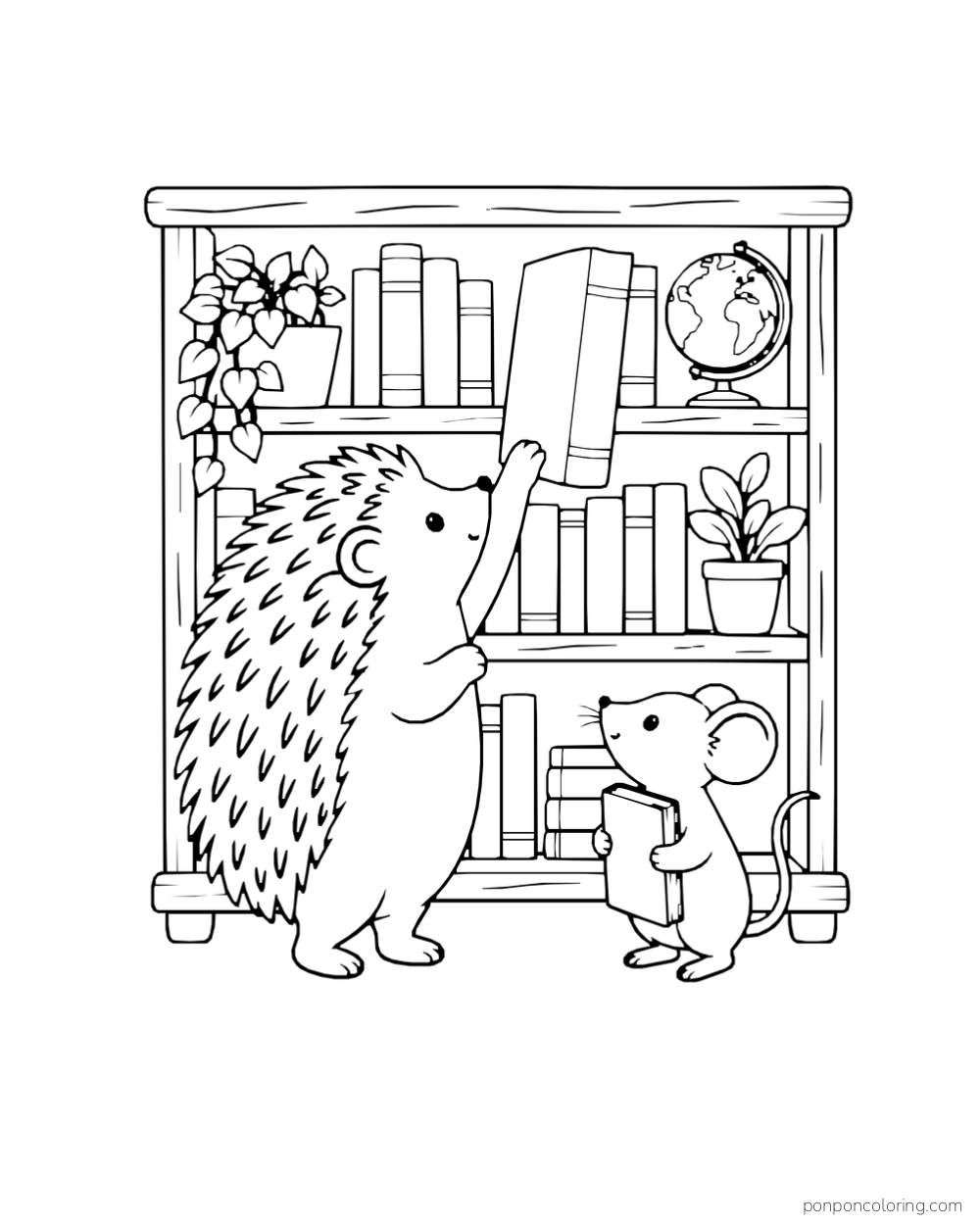 A hedgehog reaches toward a tall bookshelf while a mouse waits with a book below.