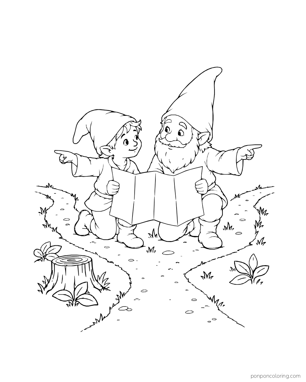 Two gnomes holding an open map at a fork in the path and pointing in different directions.