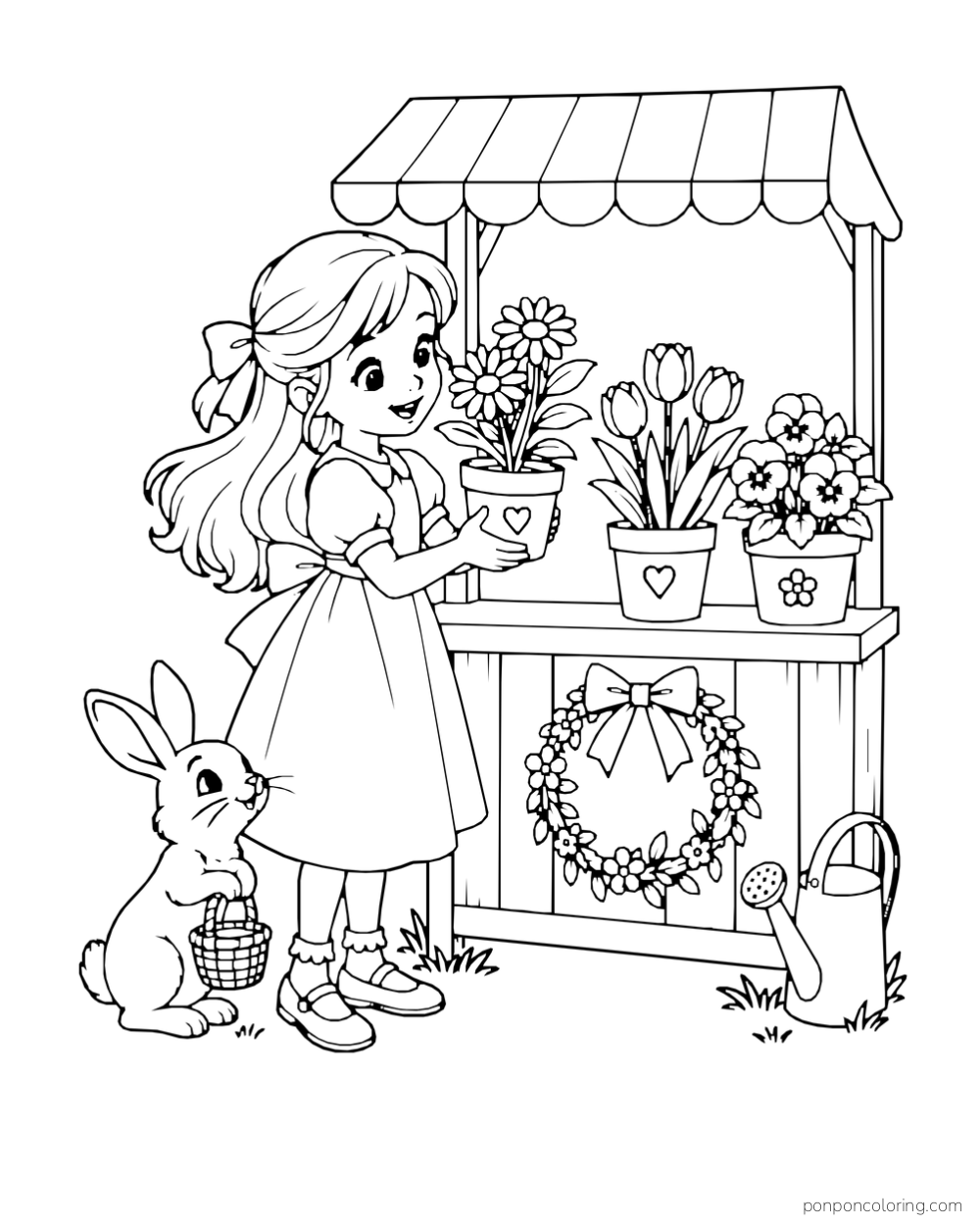 A girl holds a small flowerpot at a flower stall with a rabbit, hanging wreath, and watering can.