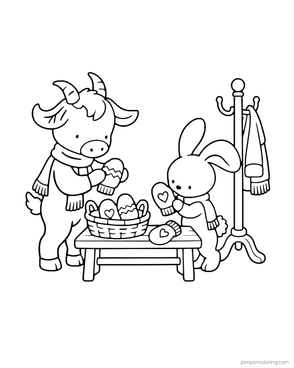 A scarf-wearing goat and rabbit choose patterned mittens from a basket.