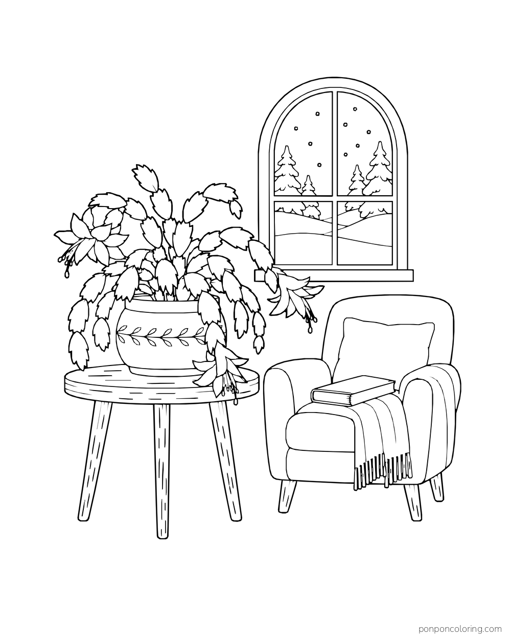 A Christmas cactus blooms on a table beside a cushioned chair and a window showing snow.